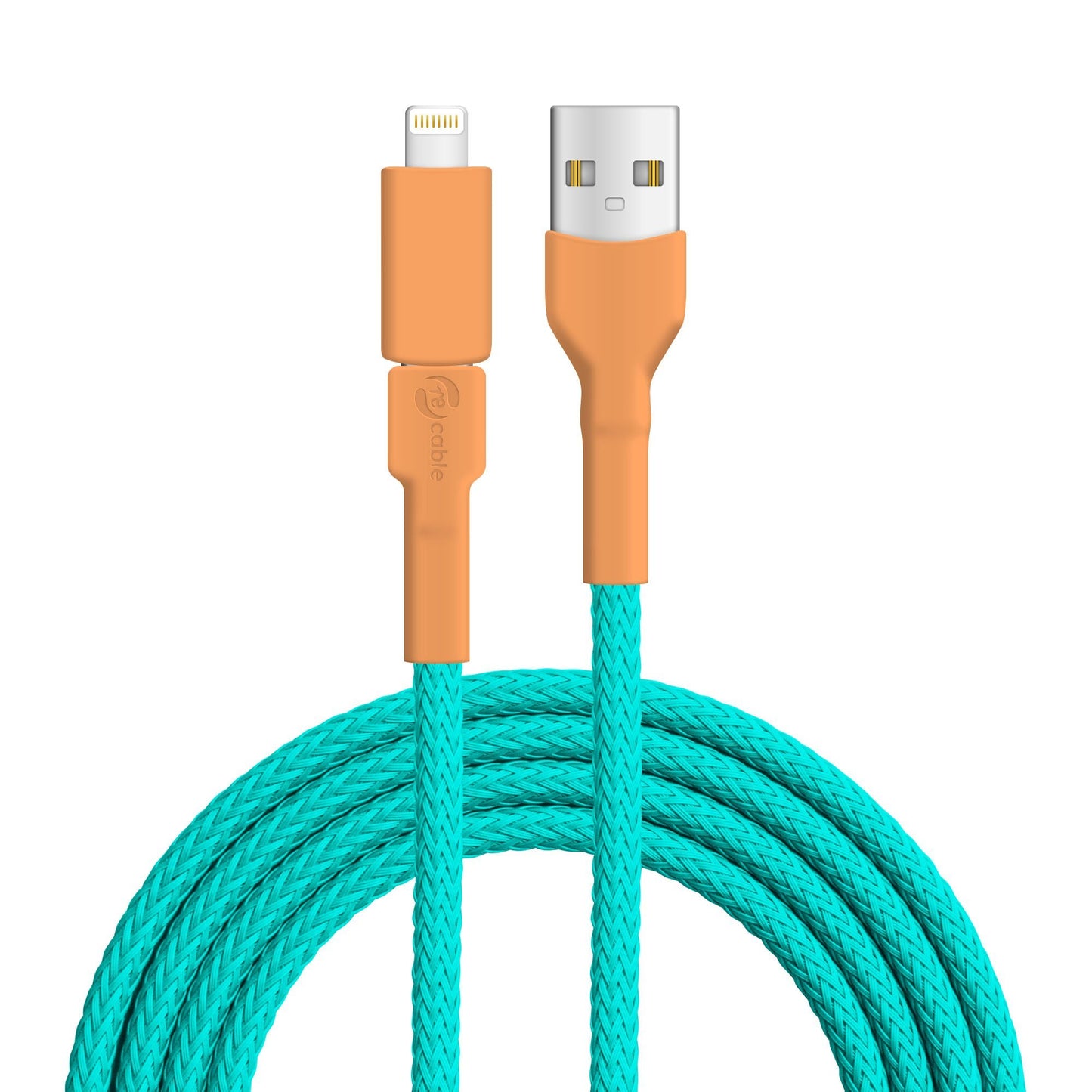 USB Kabel in den Farben des Eisvogels orange und türkis mit USB A Stecker, Lightning (iPhone) Stecker und PET-Geflecht Kabel