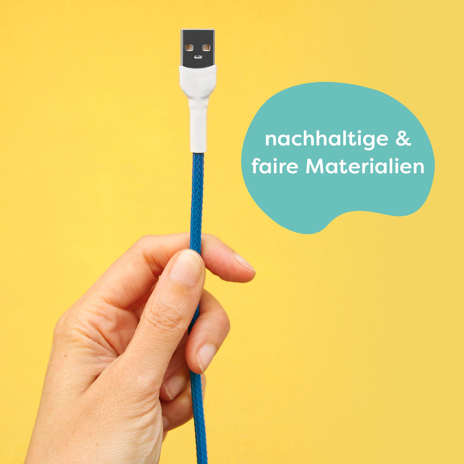 Für die Herstellung werden nachhaltige und faire Materialien verwendet. Darstellung: Es wird ein recable mitsamt eines USB-A-Anschlusses in den Farben blau und weiß gezeigt.