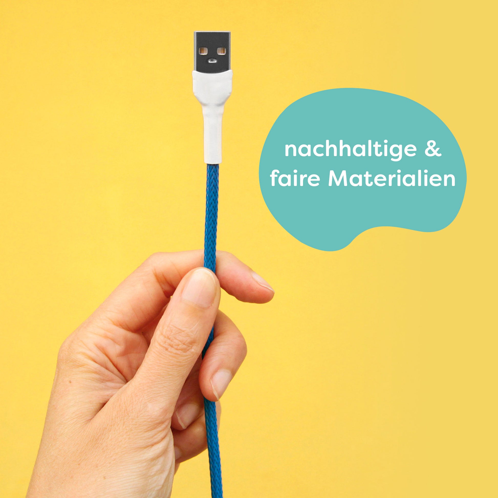 Für die Herstellung werden nachhaltige und faire Materialien verwendet. Darstellung: Es wird ein recable mitsamt eines USB-A-Anschlusses in den Farben blau und weiß gezeigt.