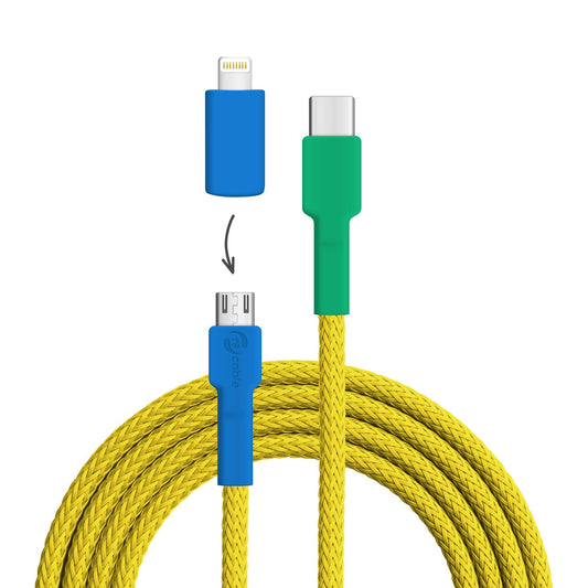 USB cable, design: yellow chest tare, connectors: USB C to Micro-USB with Lightning adapter (not connected)