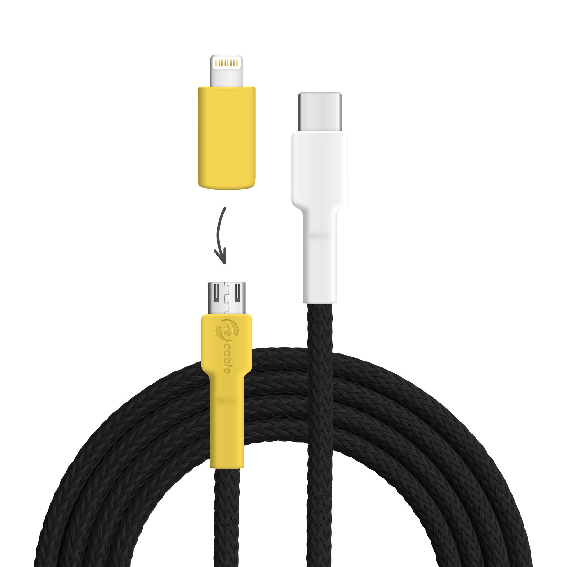 USB-Kabel, Design: Gold­schnäpper, Anschlüsse: USB C auf Micro-USB mit Lightning Adapter (nicht verbunden)