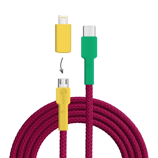 USB cable, design: Gouldian finch, connections: USB C to Micro-USB with Lightning adapter (not connected)