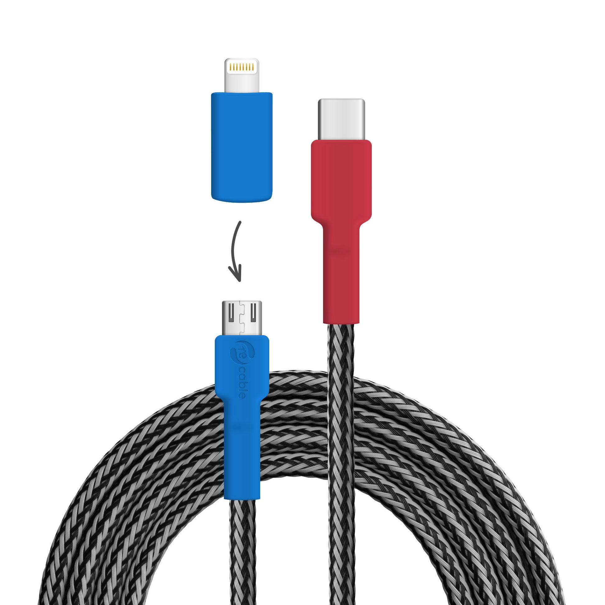 USB-Kabel, Design: Helmkasuar, Anschlüsse: USB C auf Micro-USB mit Lightning Adapter (nicht verbunden)
