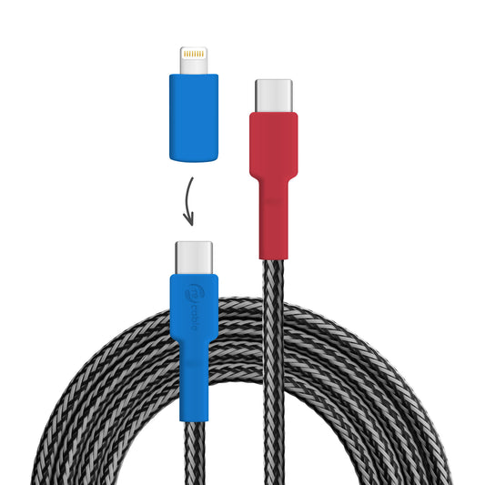USB cable, Design: Cassowary, Connectors: USB C to USB C with Lightning adapter (not connected)