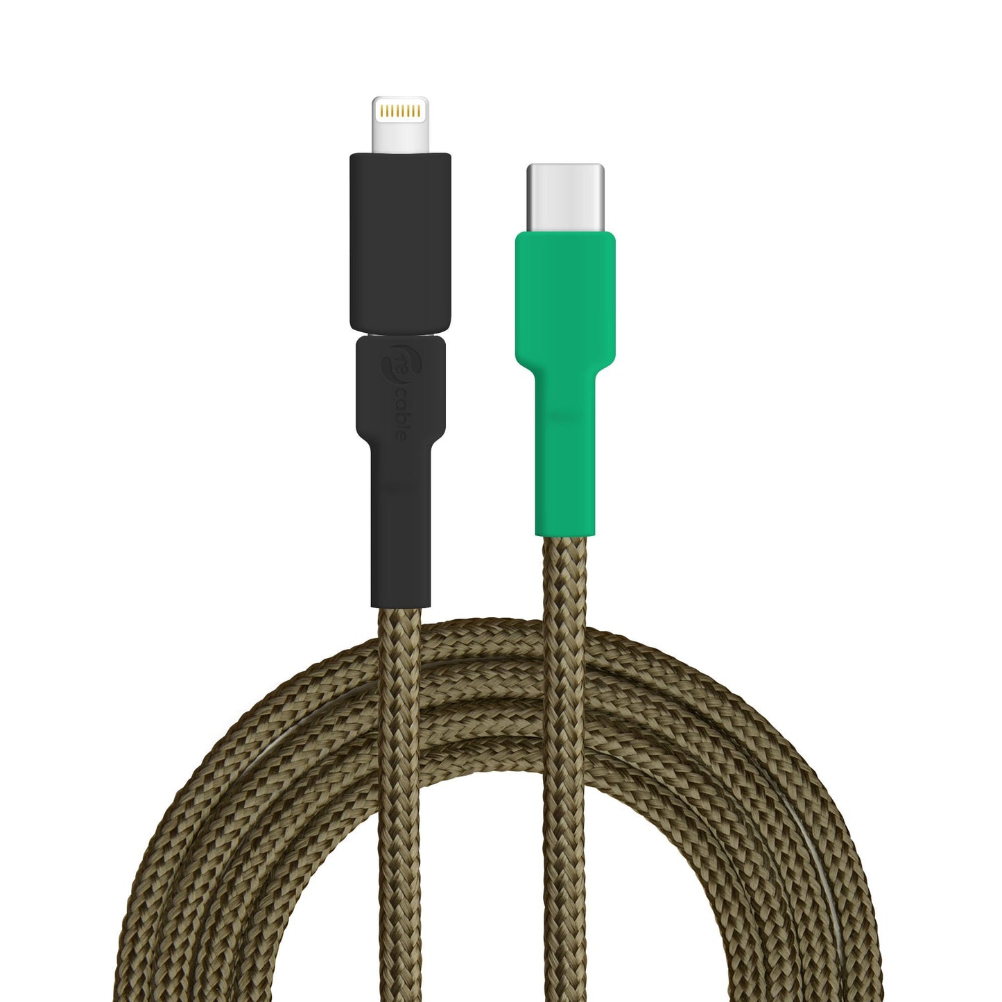 USB cable, design: Kakapo, connectors: USB C to Micro-USB with Lightning adapter (connected)
