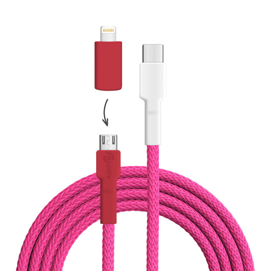 USB cable, design: Red flamingo, connections: USB C to Micro-USB with Lightning adapter (not connected)