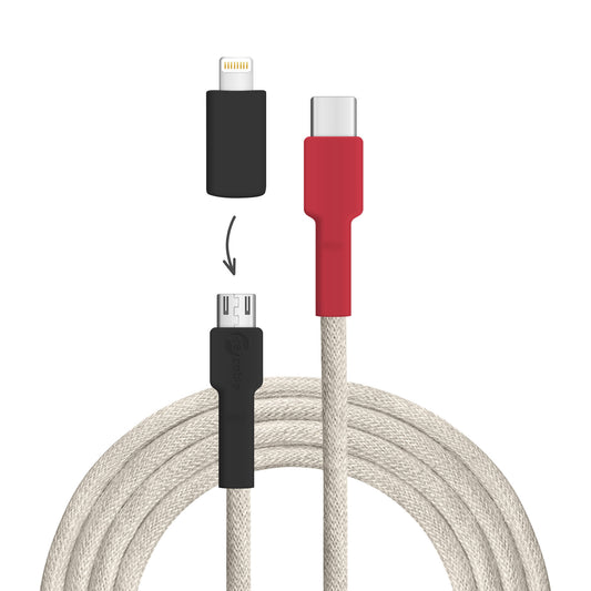 USB-Kabel, Design: Weißrücken­specht, Anschlüsse: USB C auf Micro-USB mit Lightning Adapter (nicht verbunden)