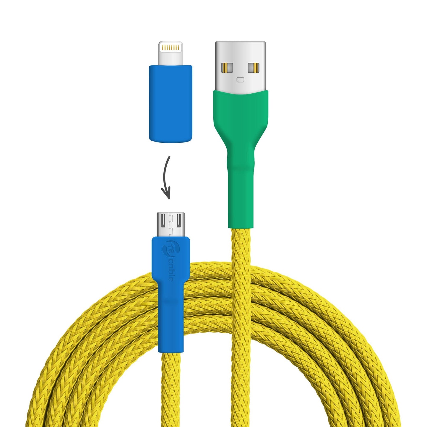 USB-Kabel, Design: Gelb­brustara, Anschlüsse: USB A auf Micro-USB mit Lightning Adapter (nicht verbunden)
