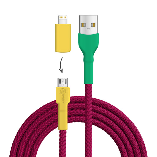 USB cable, design: Gouldian finch, connections: USB A to Micro-USB with Lightning adapter (not connected)