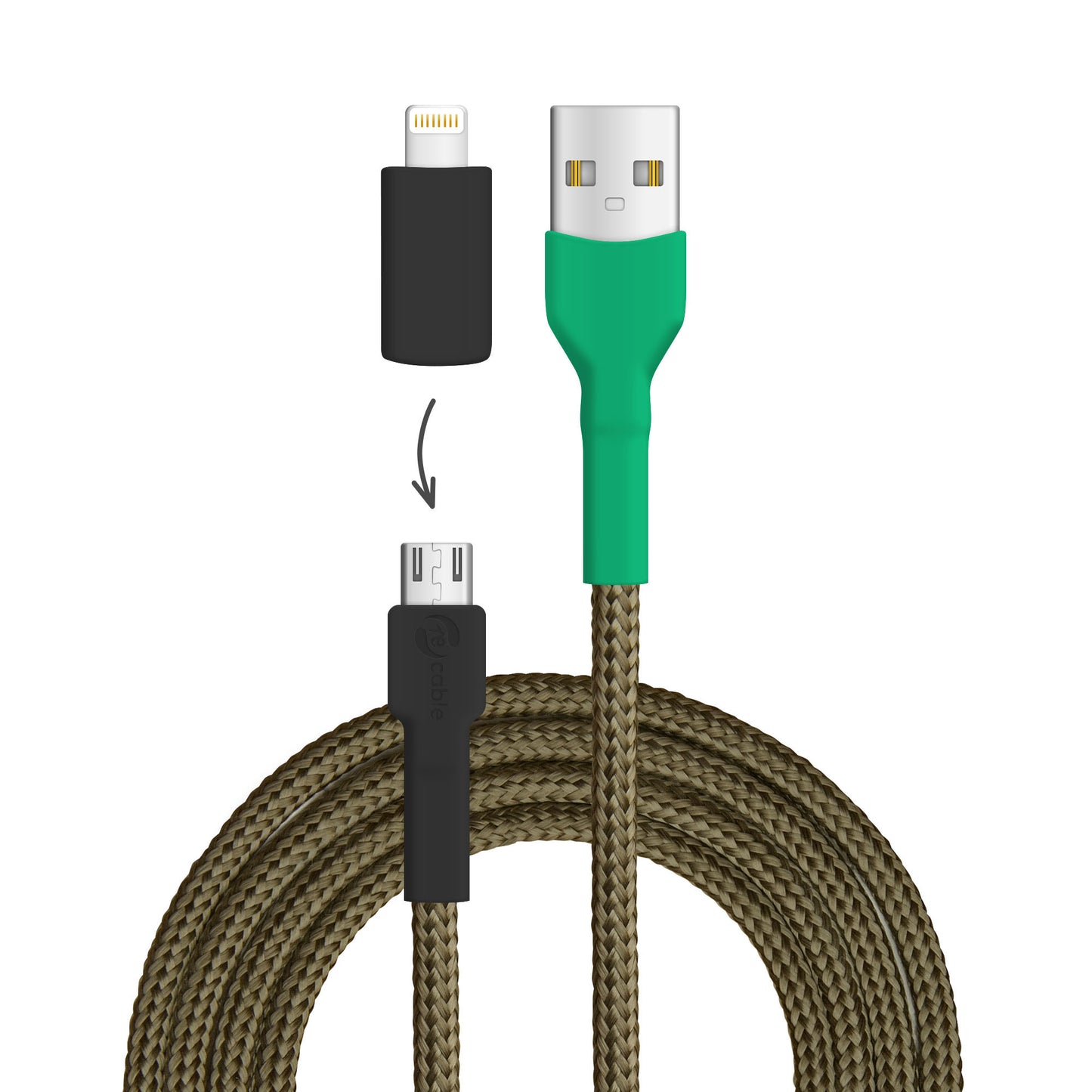 USB-Kabel, Design: Kakapo, Anschlüsse: USB A auf Micro-USB mit Lightning Adapter (nicht verbunden)