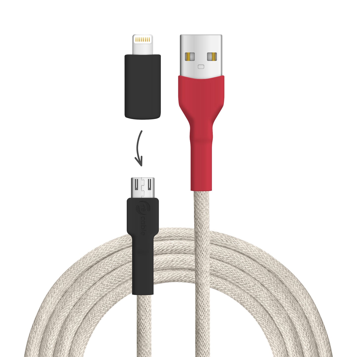 USB-Kabel, Design: Weißrücken­specht, Anschlüsse: USB A auf Micro-USB mit Lightning Adapter (nicht verbunden)