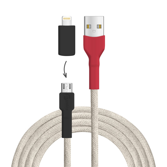 USB cable, design: white-backed woodpecker, connections: USB A to Micro-USB with Lightning adapter (not connected)