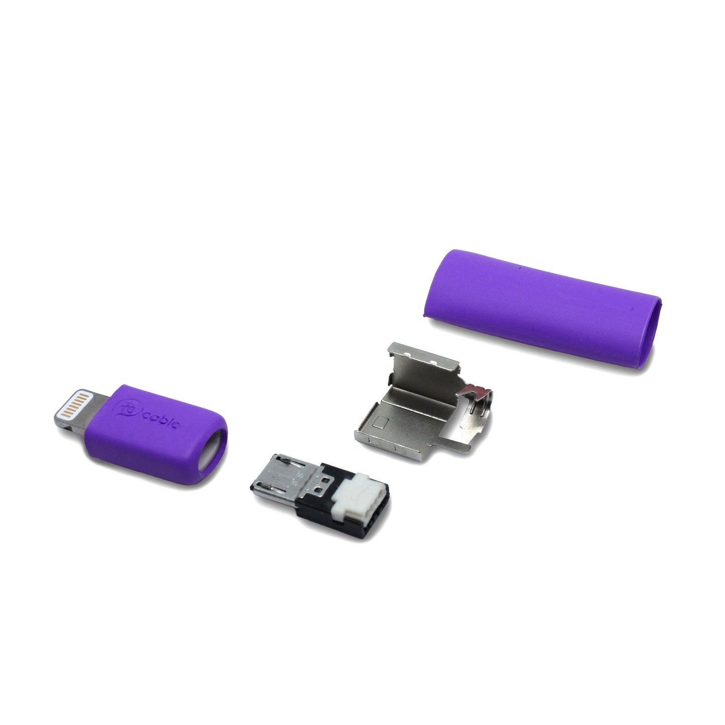 Einzelteile Micro USB Stecker mit Lightning Adapter in lila, mit dem Ersatzteil kann ein iPhone Kabel lötfrei (crimpen) repariert werden