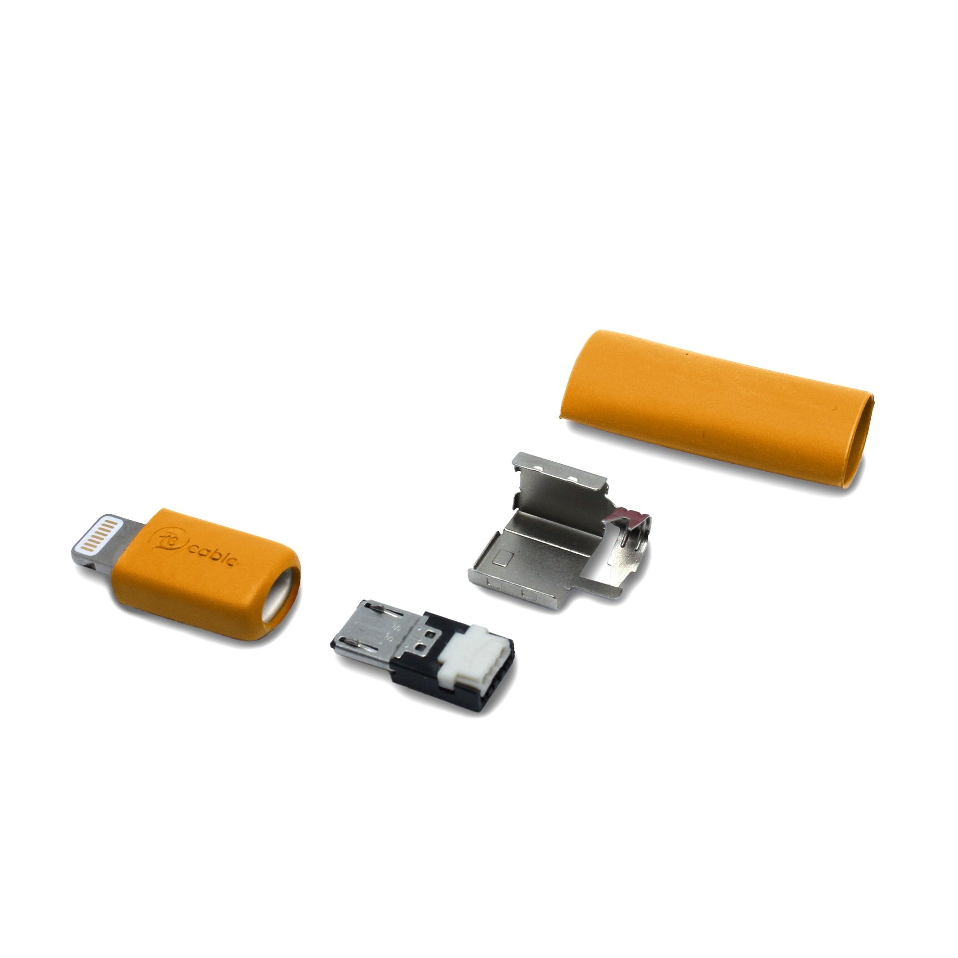 Micro USB Stecker Einzelteile mit Lightning (iPhone) Adapter in orange, mit dem Ersatzteil kann ein iPhone Kabel lötfrei (crimpen) repariert werden