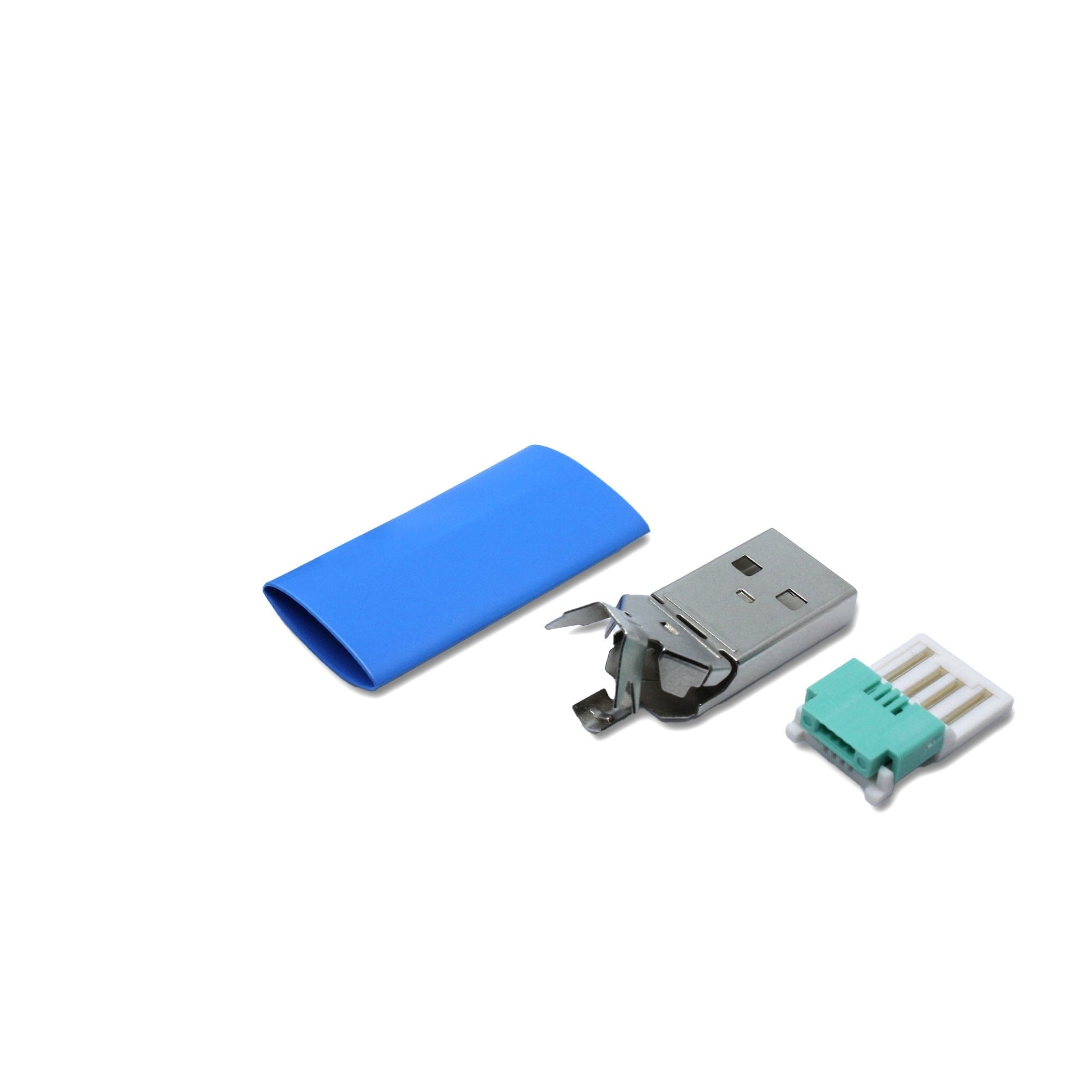 Einzelteile USB A Stecker in blau, mit dem Ersatzteil kann ein USB 2.0 Kabel lötfrei (crimpen) repariert werden