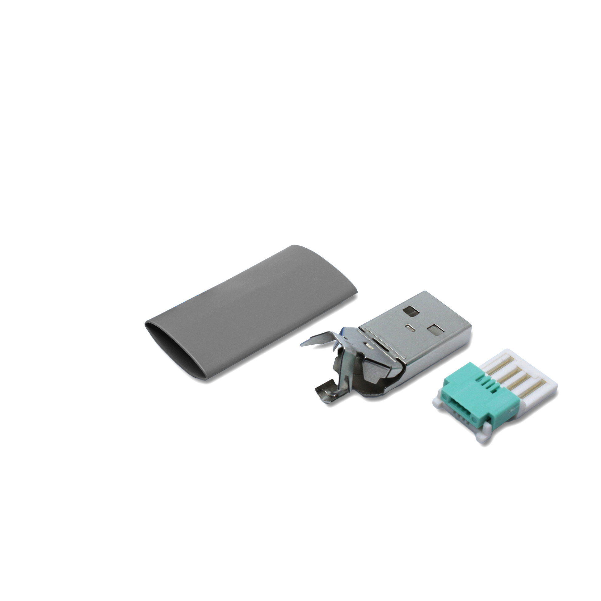 Einzelteile USB A Stecker in grau, mit dem Ersatzteil kann ein USB 2.0 Kabel lötfrei (crimpen) repariert werden