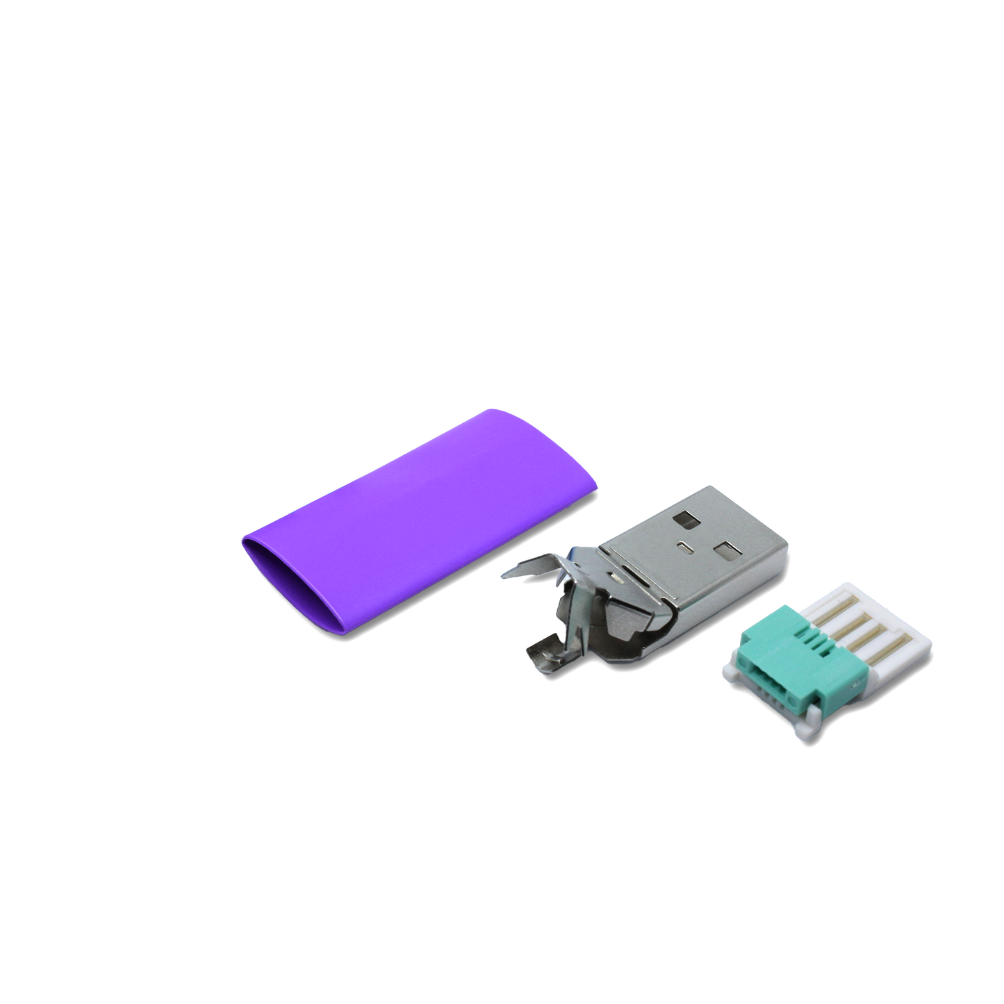 Einzelteile USB A Stecker in lila, mit dem Ersatzteil kann ein USB 2.0 Kabel lötfrei (crimpen) repariert werden