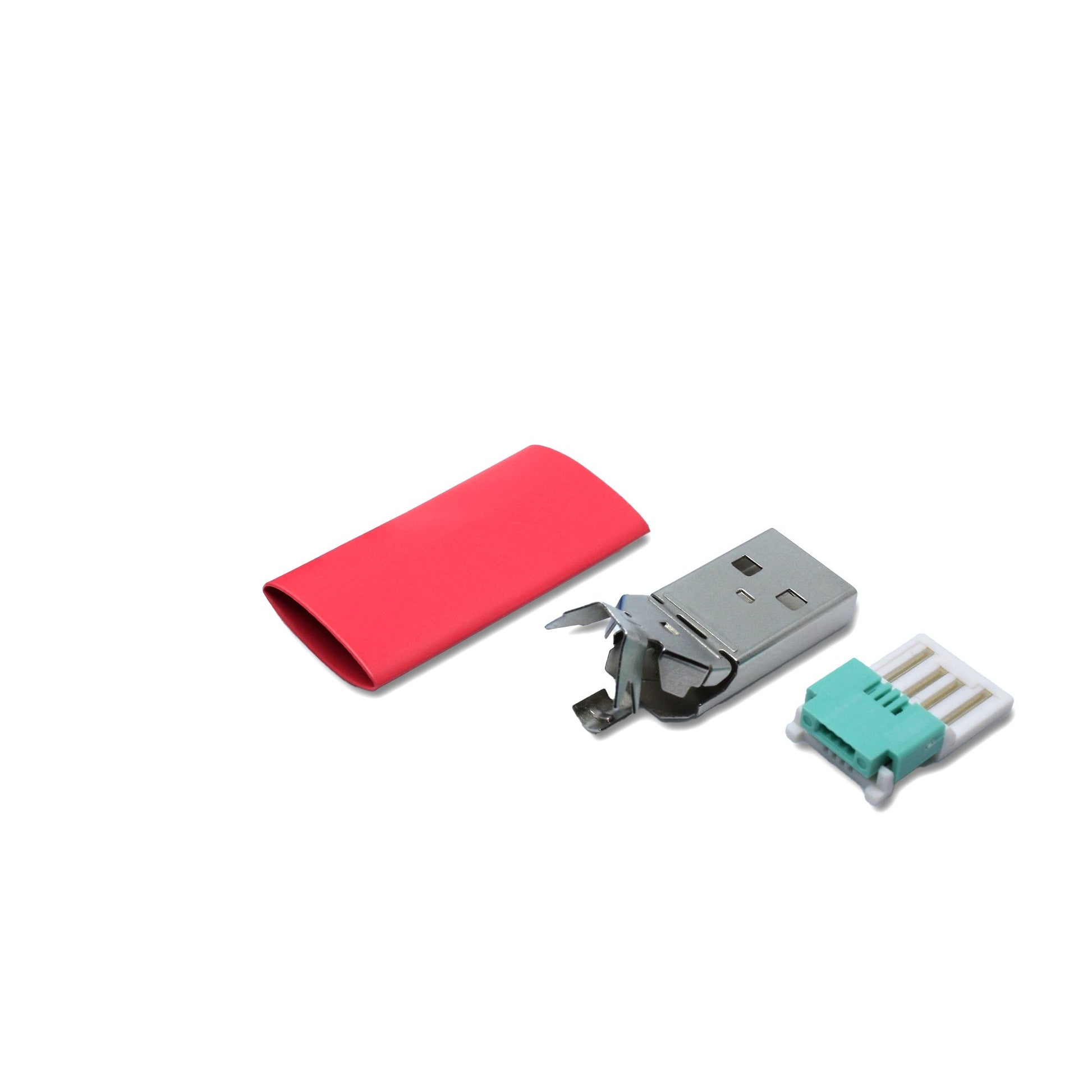 USB A Stecker Einzelteile rot, mit dem Ersatzteil kann ein USB 2.0 Kabel lötfrei (crimpen) repariert werden