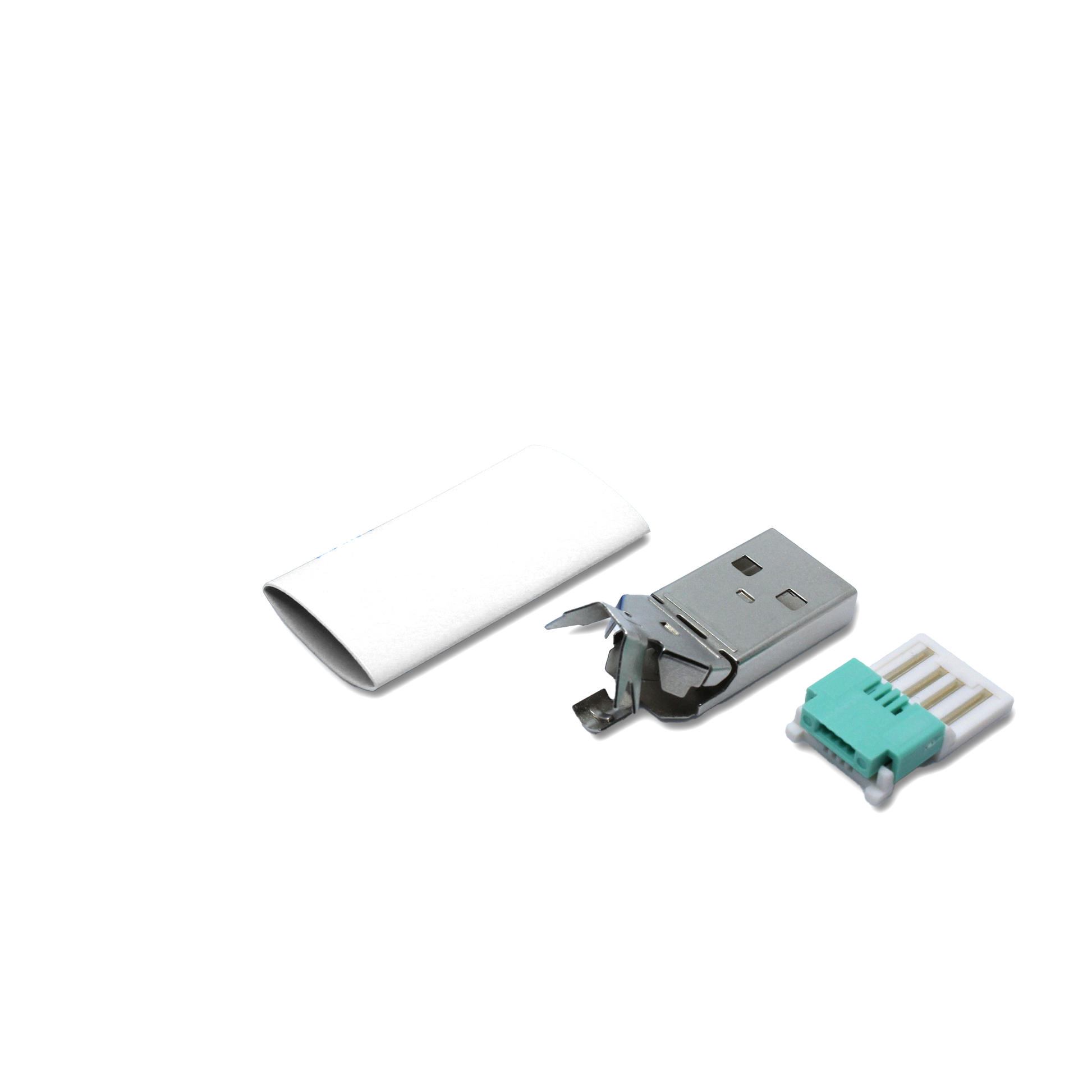 USB A plug white individual parts, with the spare part a USB 2.0 cable can be repaired solderless (crimping)
