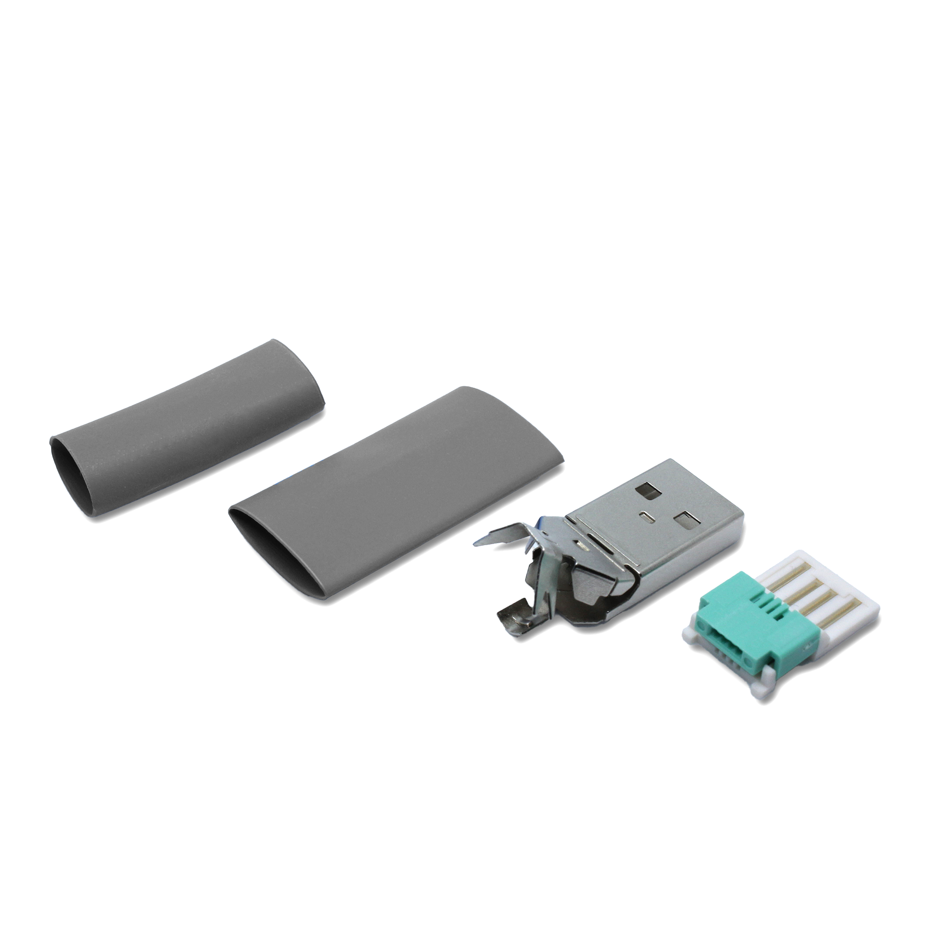USB A plug spare part grey in single parts, with additional small heat shrink tube for repair (solderless/crimp) thin USB 2.0 cable