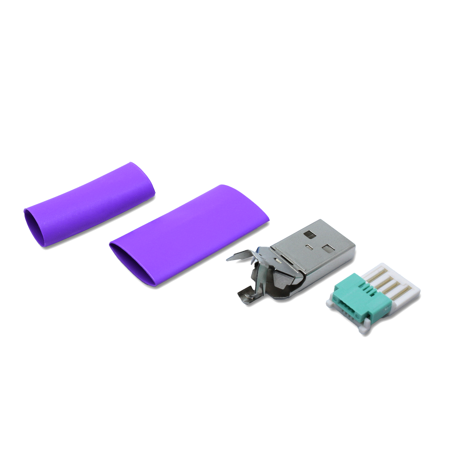 Single parts USB A plug in purple with additional thin heat shrink tube for repair (solderless/crimp) thin USB 2.0 cables