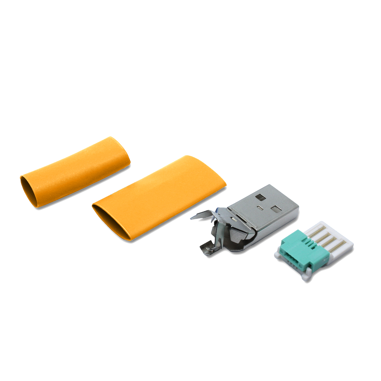 USB A plug orange in single parts, with additional small heat shrink tube for repair (solderless/crimp) of thin USB 2.0 cables