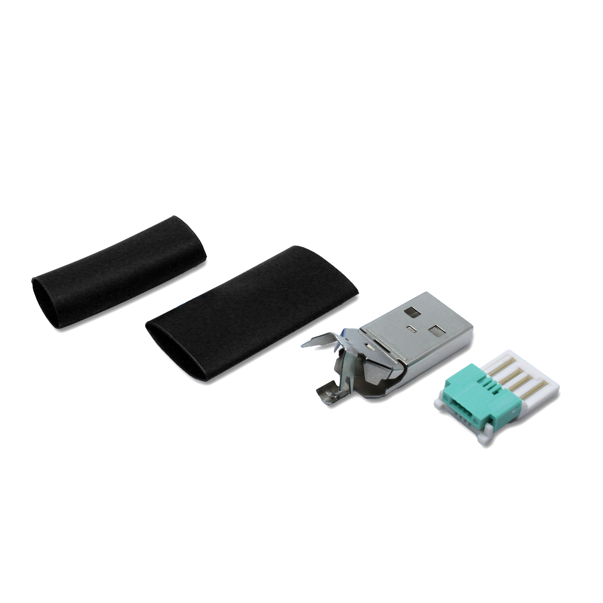 USB A plug black in single parts, with additional small heat shrink tube for repair (solderless/crimp) of thin USB 2.0 cables