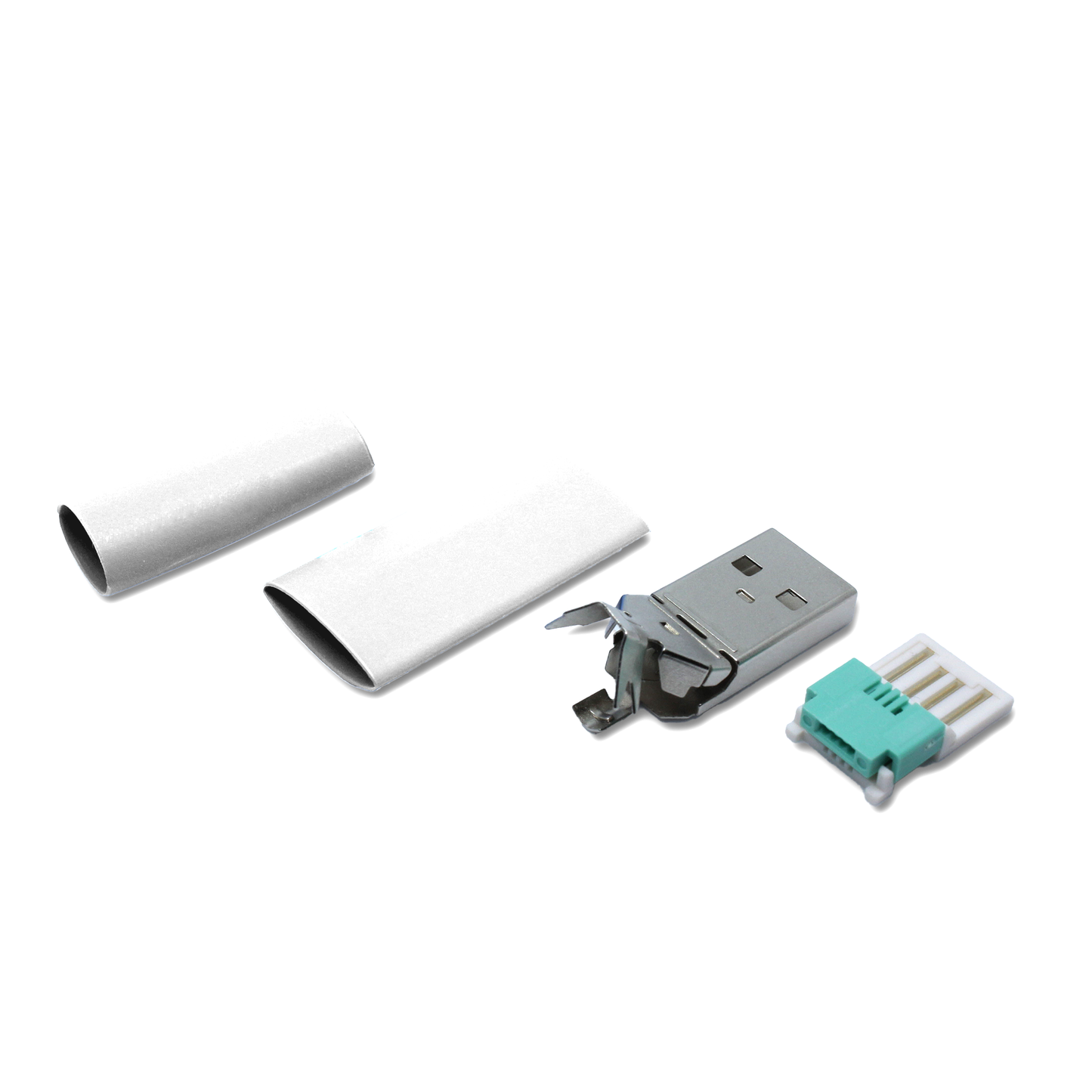 USB A plug white Spare part in individual parts, with additional small heat shrink tube for repair (solderless/crimp) of thin USB 2.0 cables