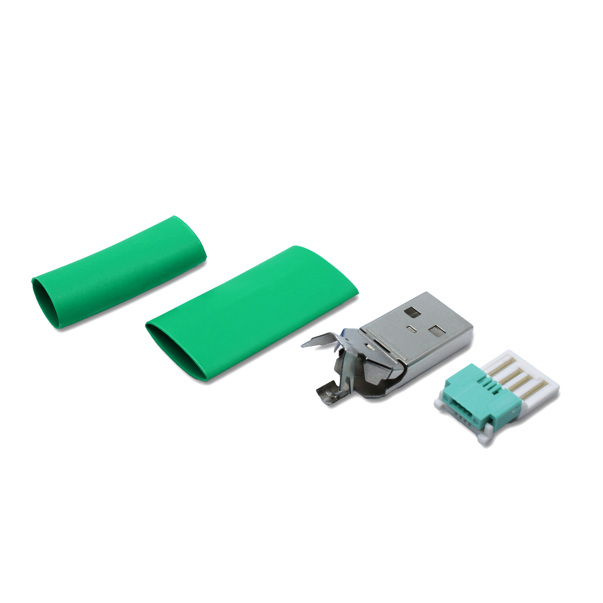 USB A plug green in single parts, with additional small heat shrink tube for repair (solderless/crimp) of thin USB 2.0 cables