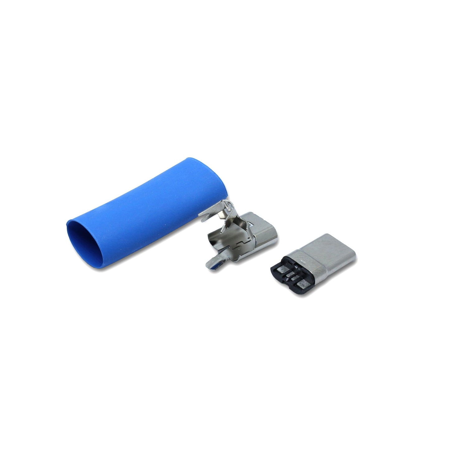 Ein Schrumpfschlauch in der Farbe blau und Metallteile für den USB C Anschluss