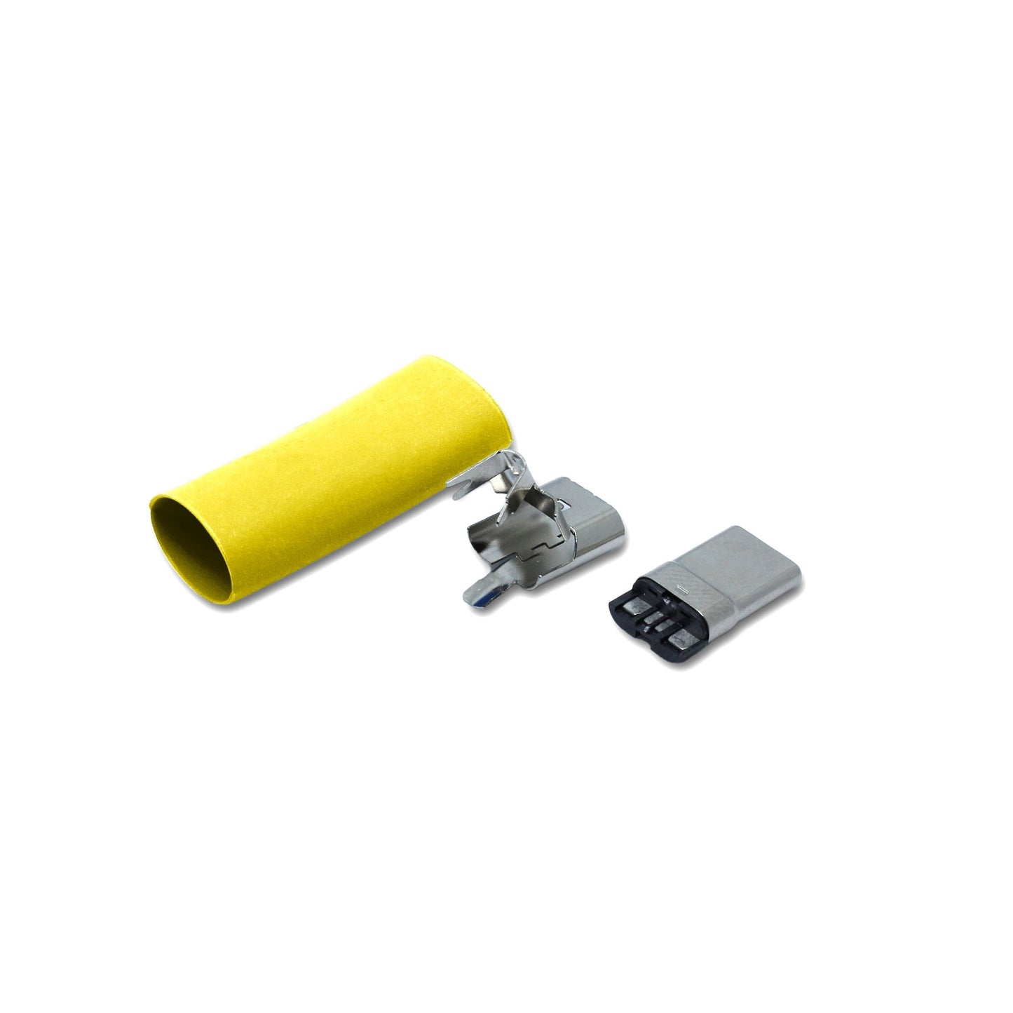 Ein Schrumpfschlauch in der Farbe gelb und Metallteile für den USB C Anschluss