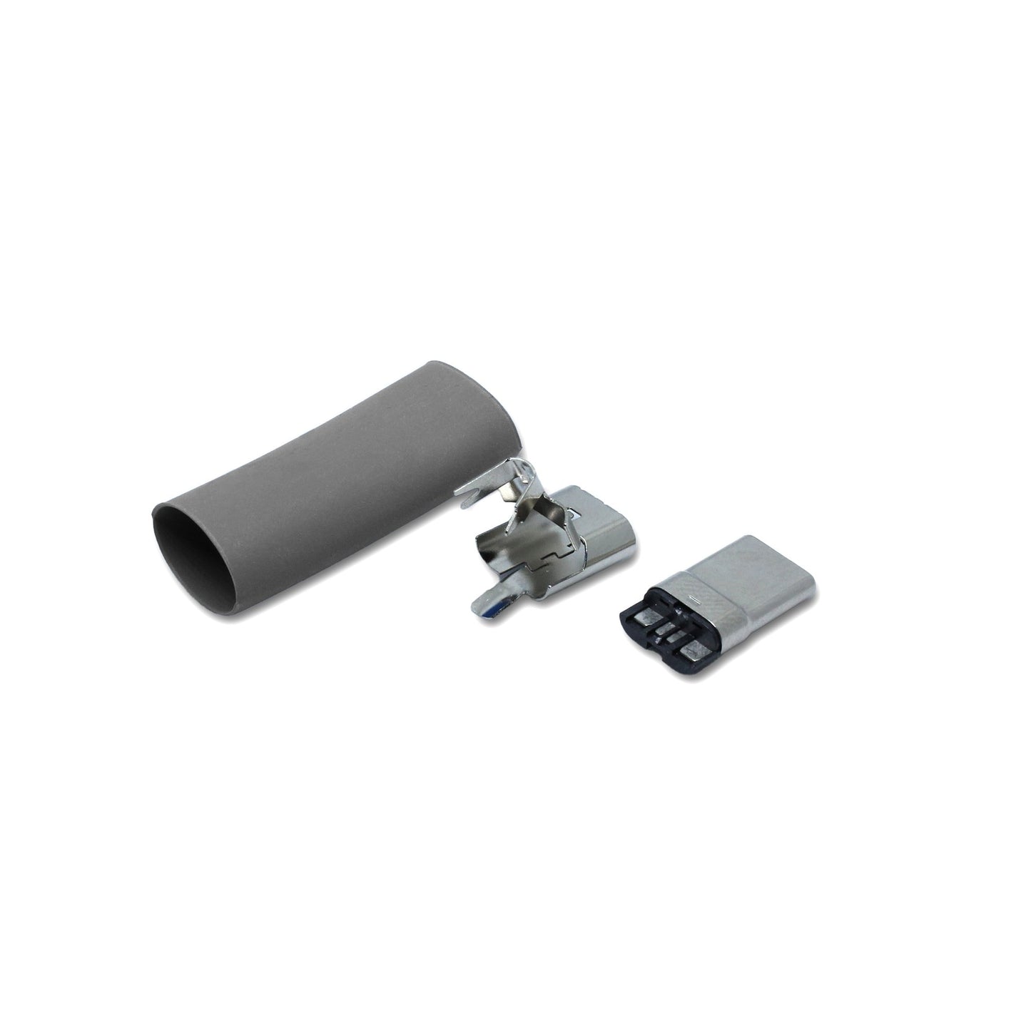 Ein Schrumpfschlauch in grau und Metallteile für den USB C Anschluss