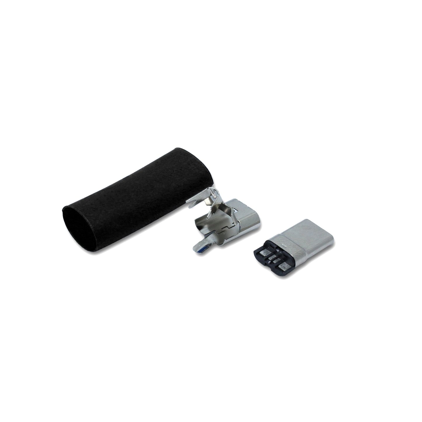 Ein Schrumpfschlauch in schwarz und Metallteile für den USB C Anschluss
