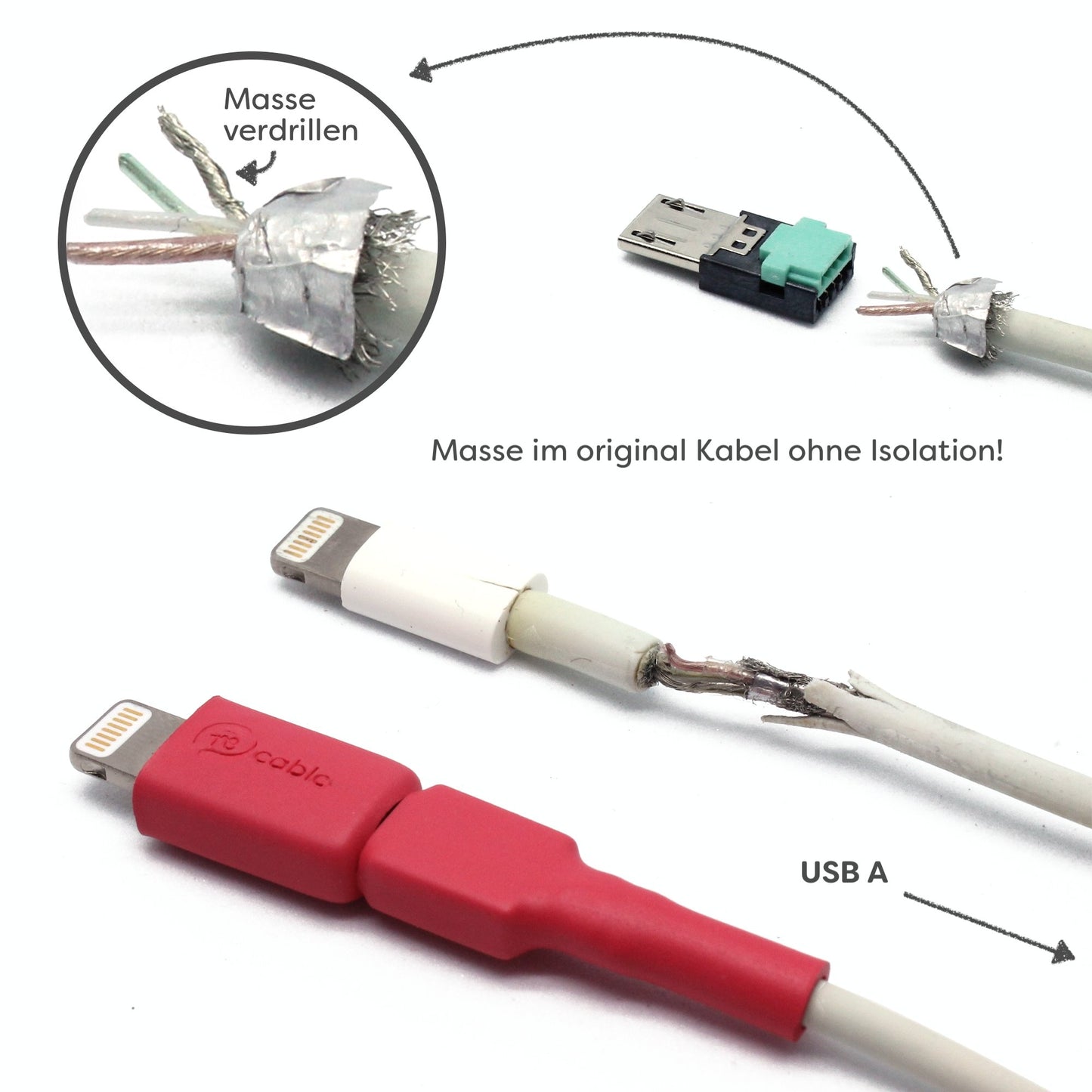 Reparatur Lightning (iPhone) Kabel, zu sehen ist ein kaputtes iPhone Kabel, der Schritt, wie das Kabel mit dem Stecker wieder verbunden wird und das reparierte Lightning Kabel